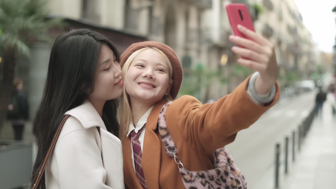 Two women taking a selfie in a city