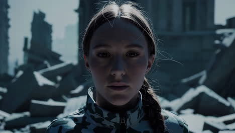 teenage girl in post-apocalyptic ruins