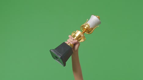 mujer sosteniendo un trofeo de oro campeón. fondo de pantalla verde