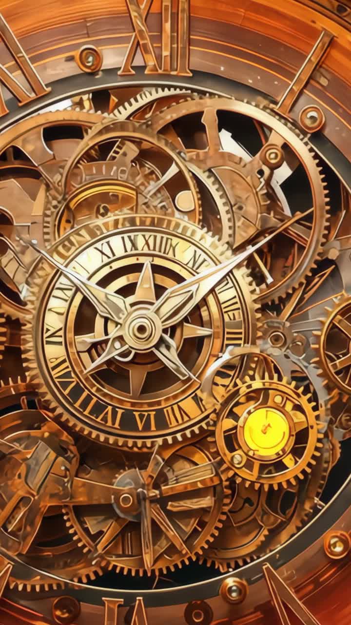 Vertical video: Spring releasing energy powering hands turning in clockwork with glowing gear