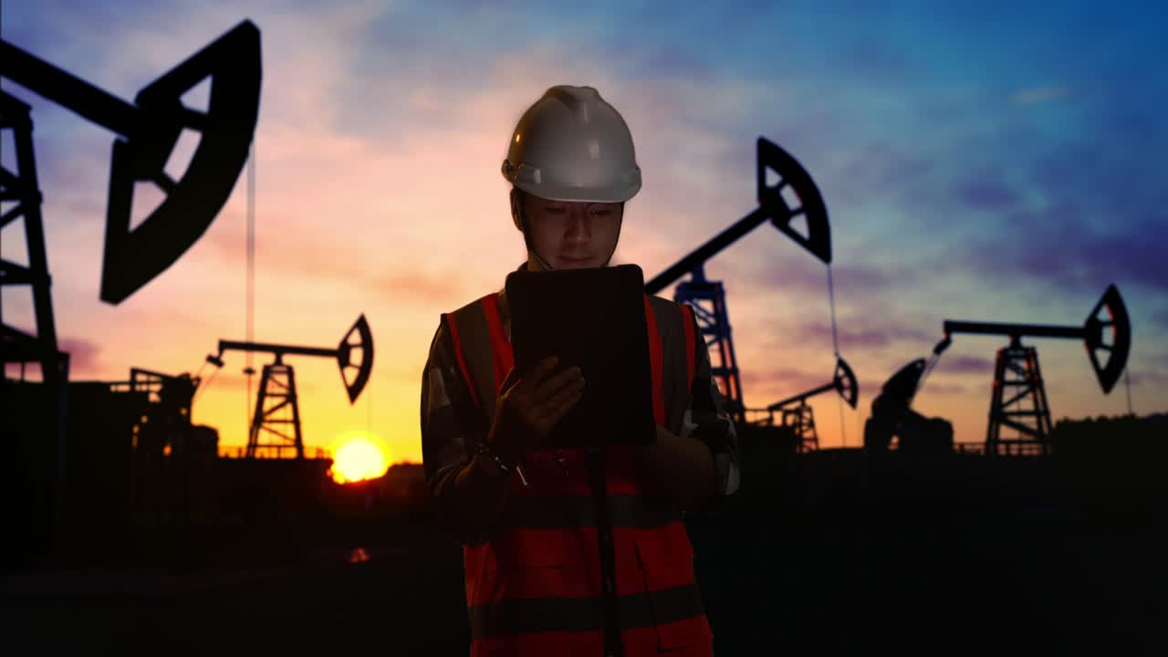 ingeniero de plataforma petrolera comprobando los datos en la tableta al atardecer