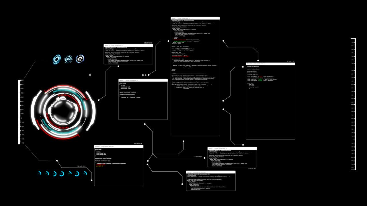 4k 애니메이션 ui 데이터 hud pi 바 텍스트 박스 테이블 및 요소 어두운 추상적인 배경에 미래 기술 개념