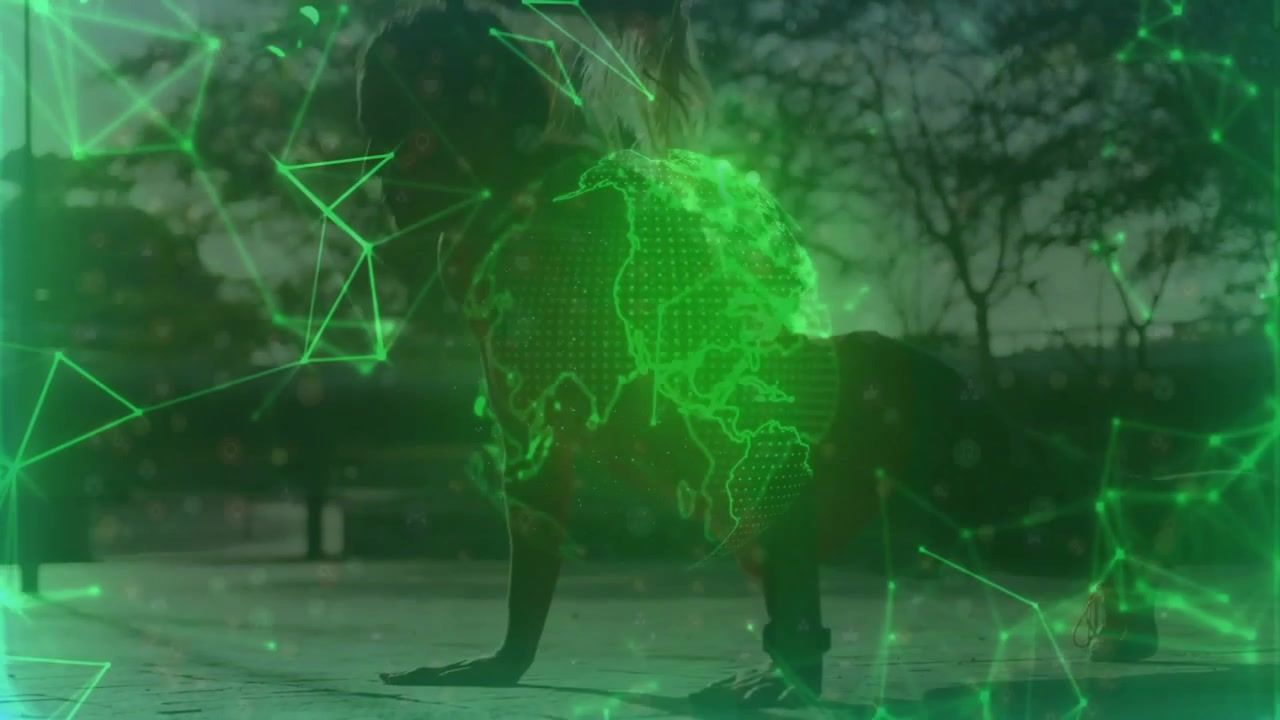 Globe fading in activating woman doing plank push-ups under holographic network overlay for fitness