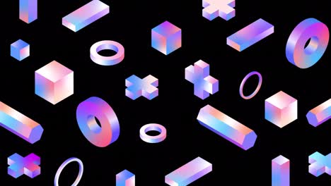 abstract 3d geometric shapes loop animation. modern background, seamless motion design, memphis style. 4k poster banner. isometric shapes, objects. purple, blue, holographic foil, iridescent color