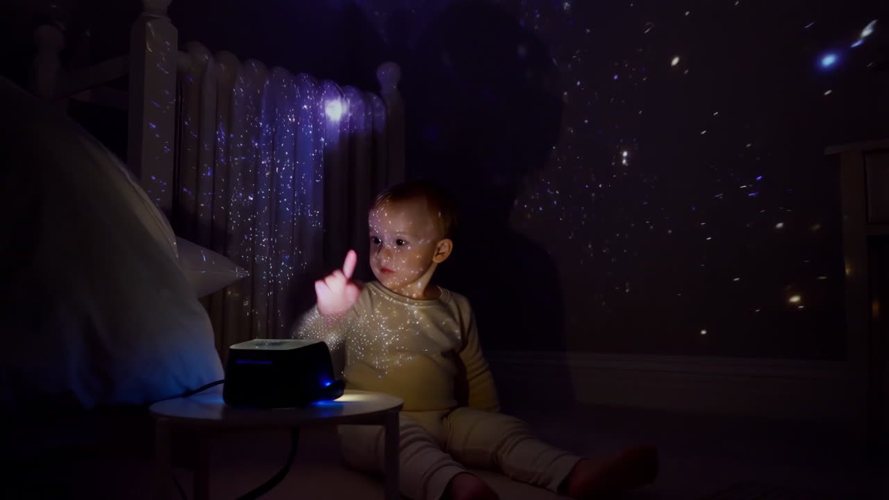 Child Gazing at Star and Galaxy Projection in Bedroom