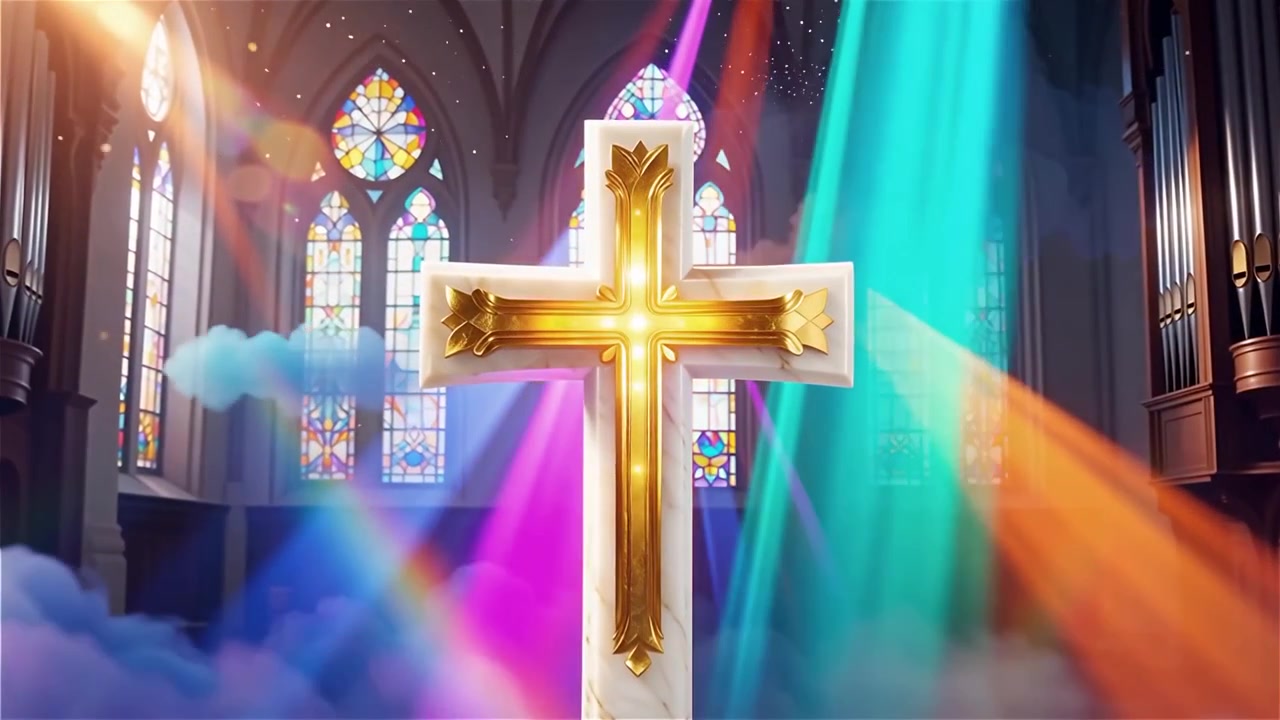 キリスト教の十字架と神聖な光が輝く礼拝用背景。