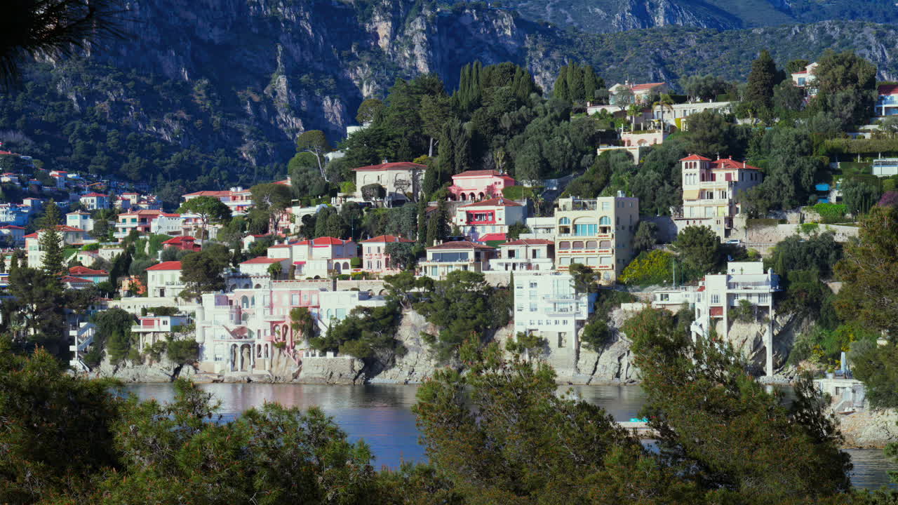 View of the colourful buildings of Villefranche sur Mer, France on the coast