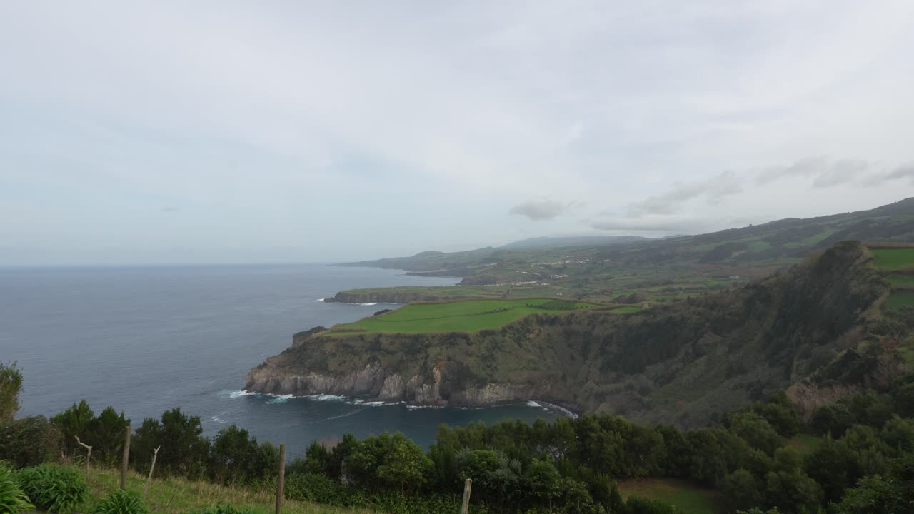 viewpoint over the cliffs of the Sao Miguel Azores island, Portugal. Panoramic landscape view.