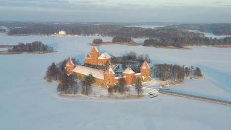 aerial view of trakai island castle in winter time