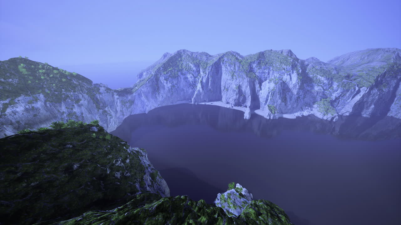 Majestic mountain landscape with calm waters at dawn in serene environment