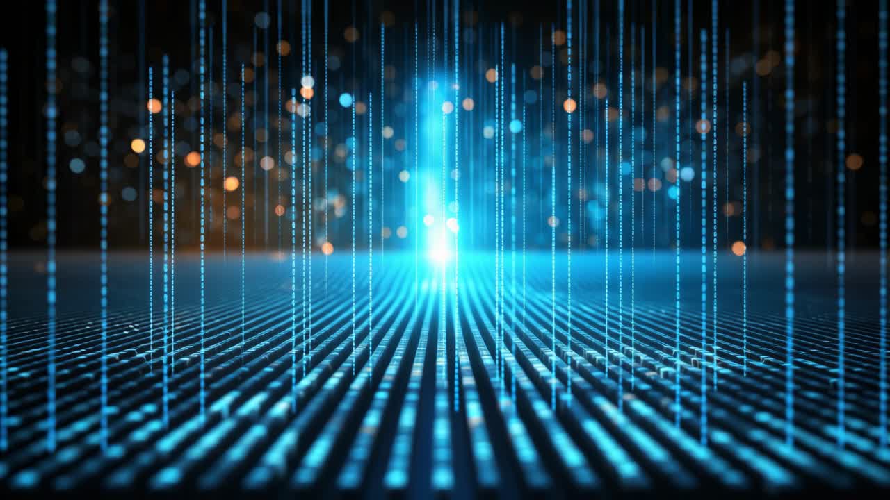 Futuristic digital landscape with glowing blue lines and bokeh lights