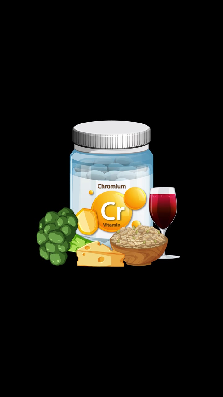 Un flacone di integratore di cromo con broccoli, formaggio, cereali e vino appare gradualmente su sfondo nero.