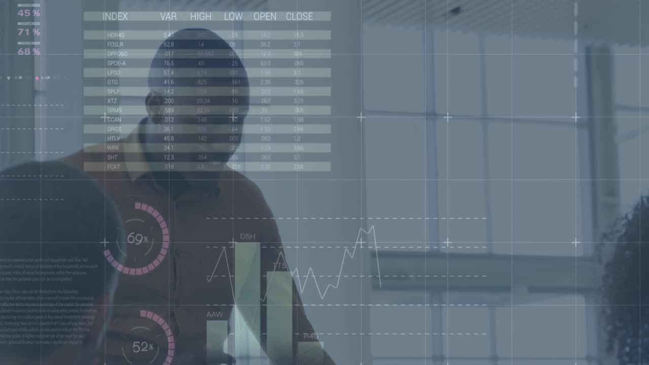 Animation of financial data and graphs over diverse businesspeople talking in office