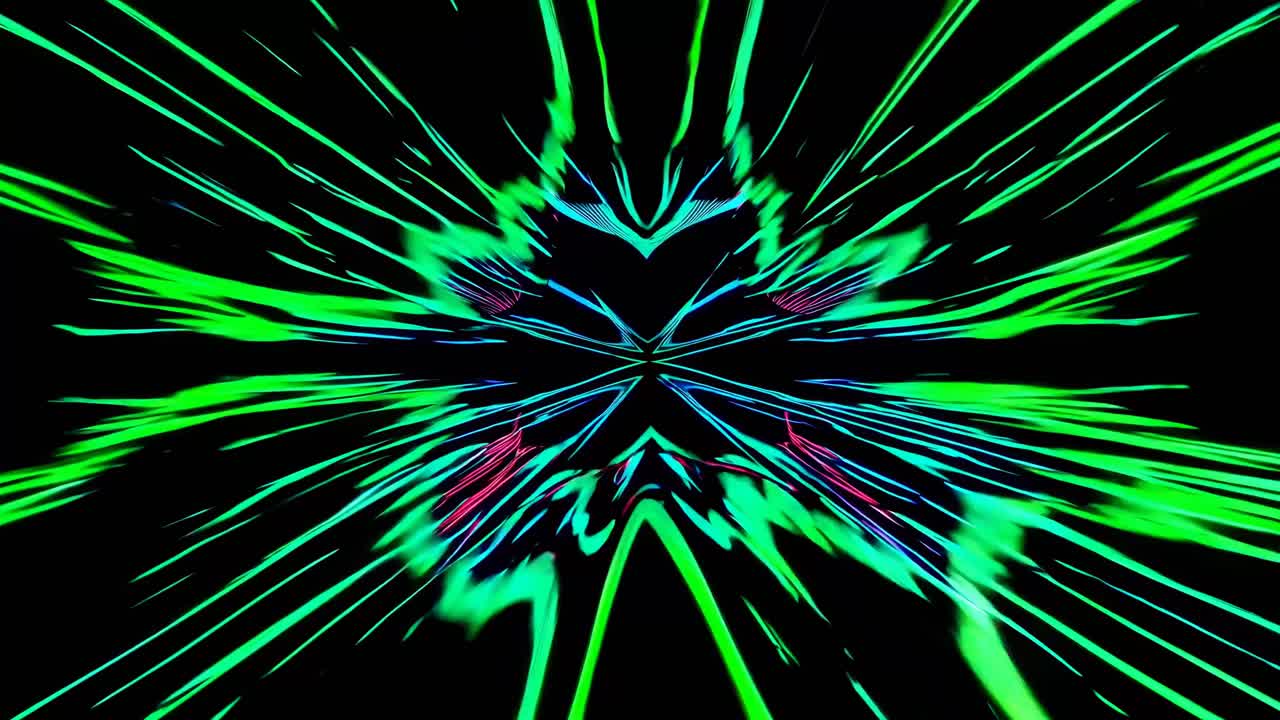 Abstract video with green neon light streaks forming symmetrical patterns