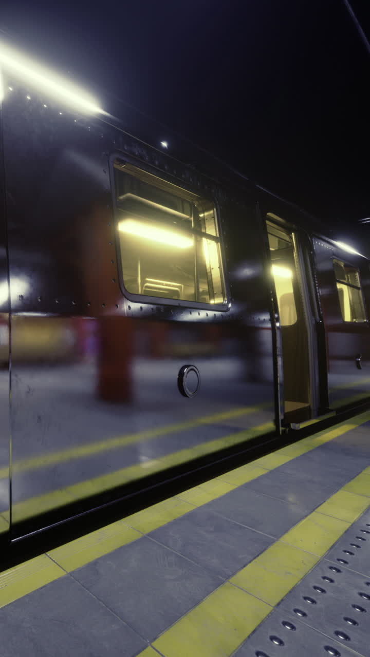 Porta del treno che si apre in stazione di notte in un'area urbana con le luci accese