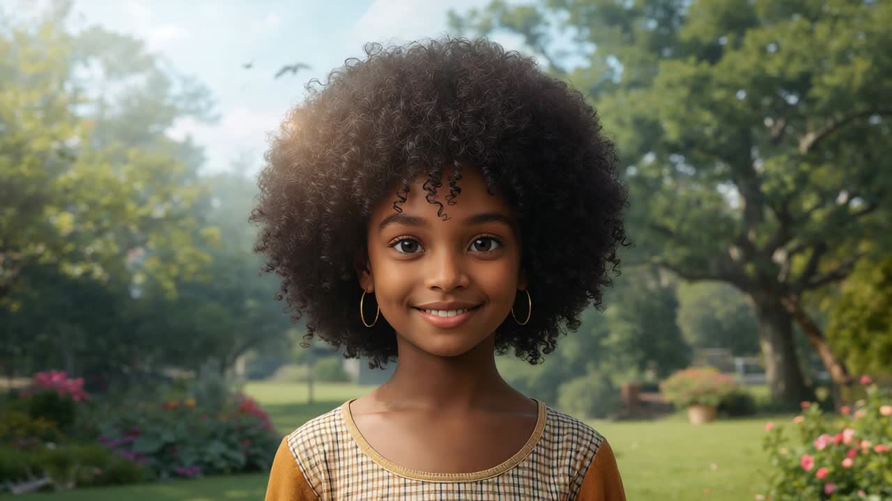Smiling child in checkered dress and hoops, responding to camera moving closer, birds in park