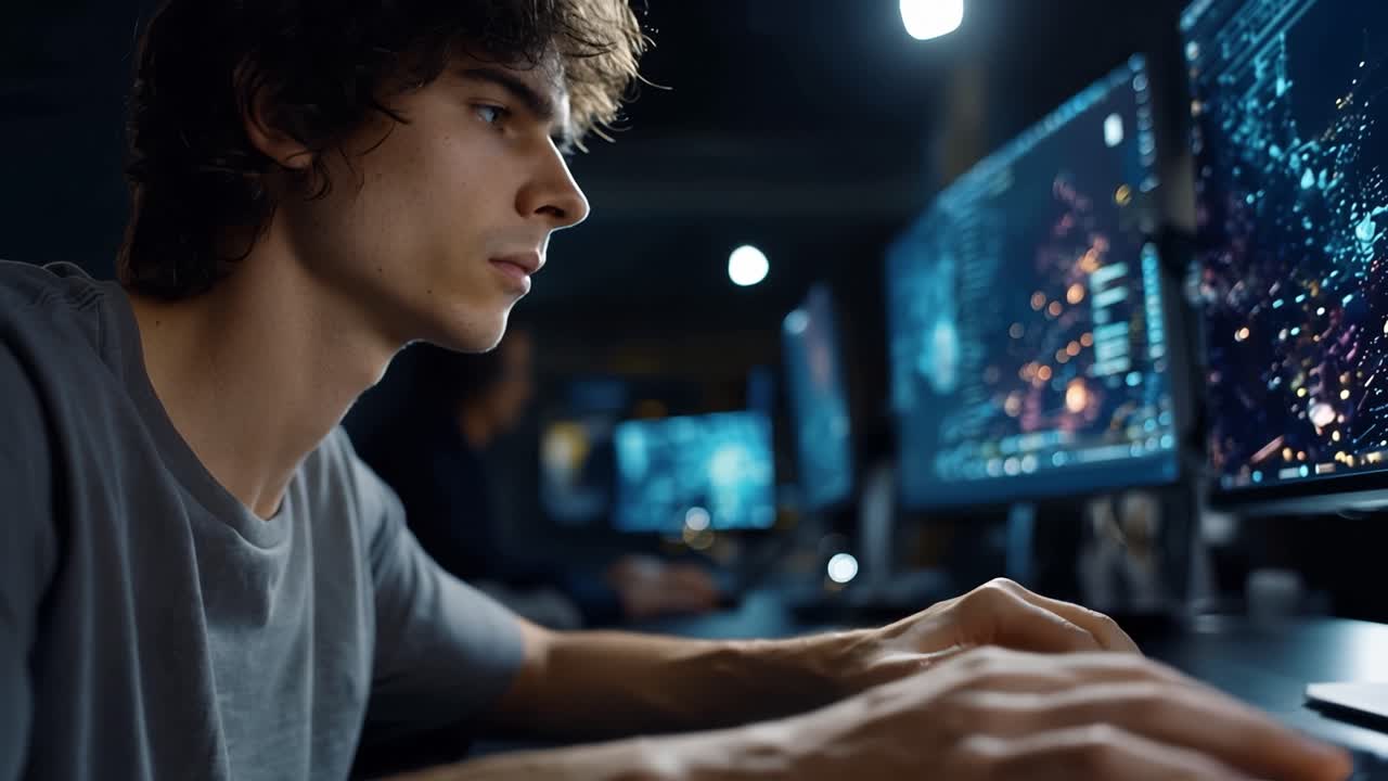 Focused young individual engaged with computer, deeply immersed in coding or gaming, surrounded by multiple monitors displaying dynamic visuals and data