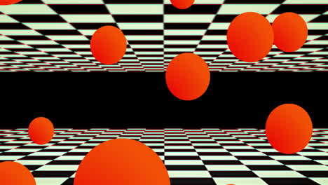 floating red spheres with moving checkerboard squares above and below