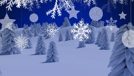animation of snow falling over christmas decoration and fir trees in winter landscape