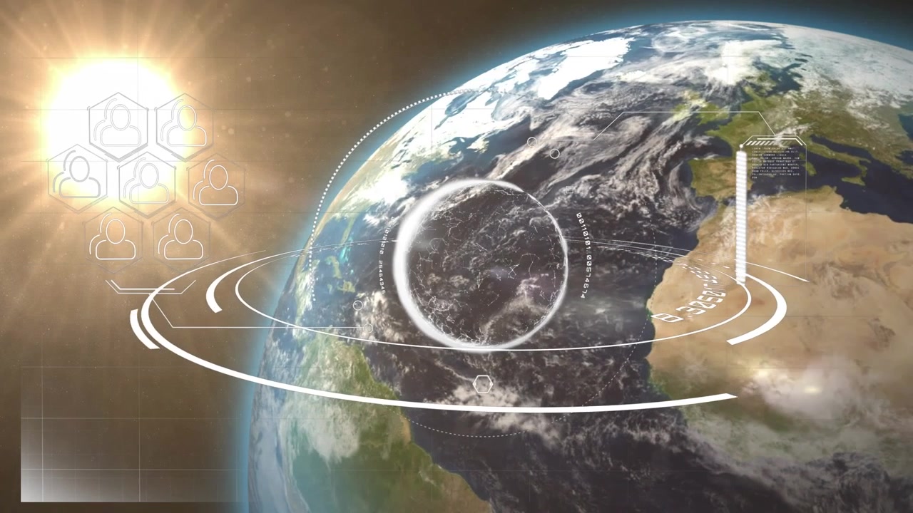 Animation of icons and processing circle over globe and sun