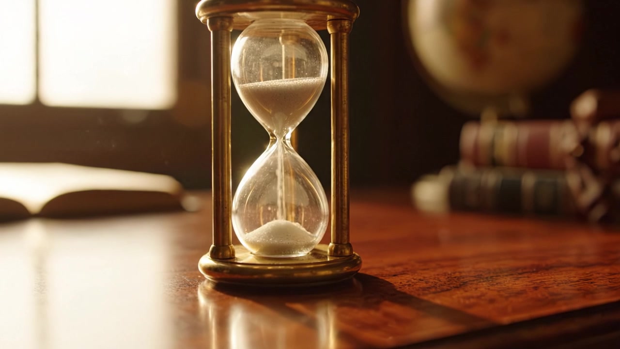 Un'Elegante Clessidra che Cattura il Passare del Tempo, Ambientata in uno Studio Classico con Calda Luce Naturale che Esalta la Bellezza di Questo Oggetto Senza Tempo