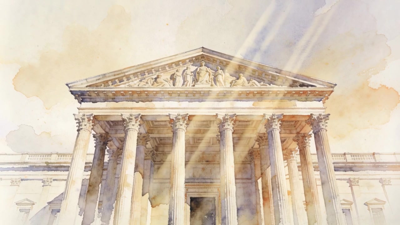 Raggi di sole che appaiono e animano una facciata classica in piazza, velature ad acquerello che si spostano illuminando le colonne.