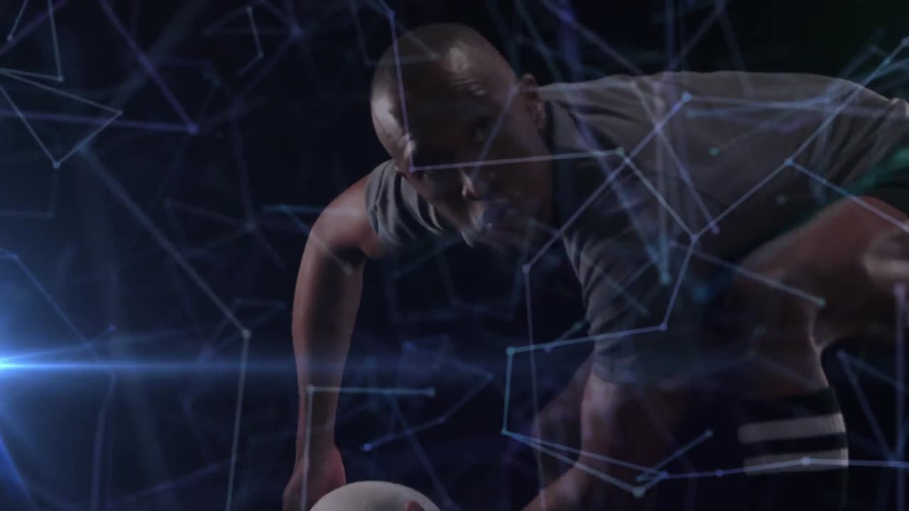 남자 럭비 선수가 공을 전달하는 커뮤니케이션 네트워크의 애니메이션