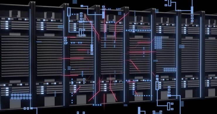 Animation of digital data processing and circuit board over computer servers