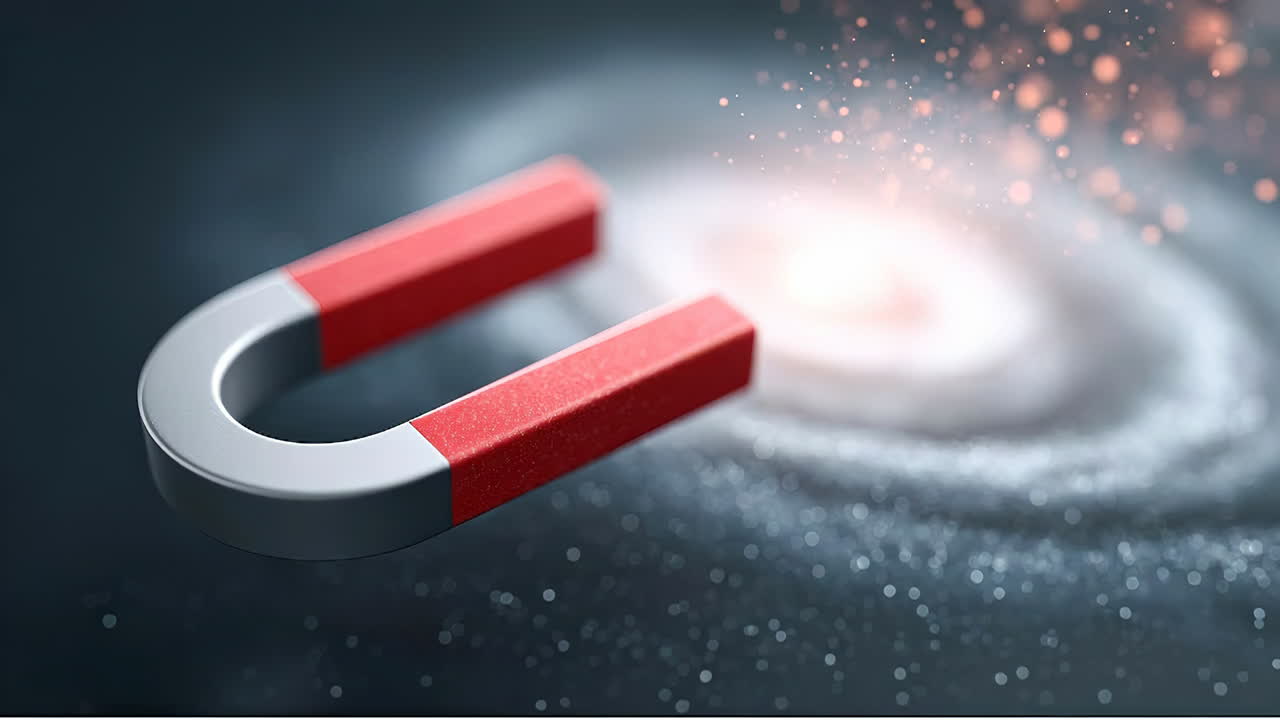 Magnete davanti a una scena di galassia vorticante. Un magnete è posto su una galassia vorticante con stelle luminose e particelle sullo sfondo. Il magnete appare a fuoco