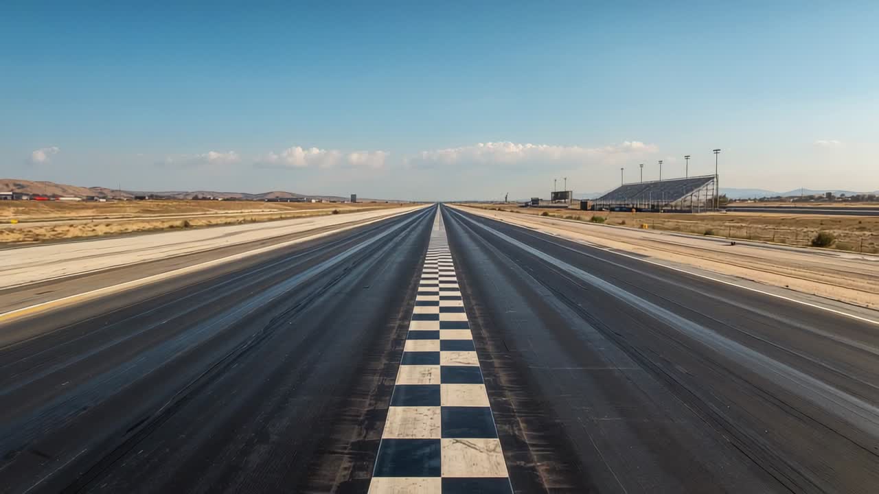 Starting timer capturing checkered start line on drag racing strip at desert track, with barriers