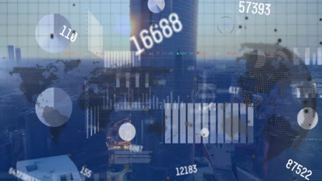 animation of changing numbers and infographic interface over aerial view of buildings in background