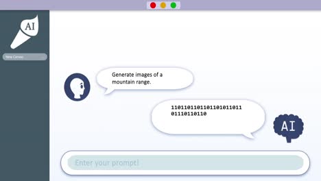 animación de pantalla digital con tecnología de ia chat y imágenes de montañas sobre fondo blanco