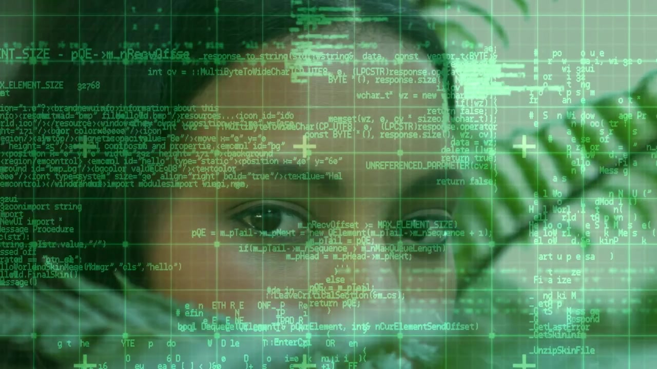 Animation of data processing over face of woman with open eyes