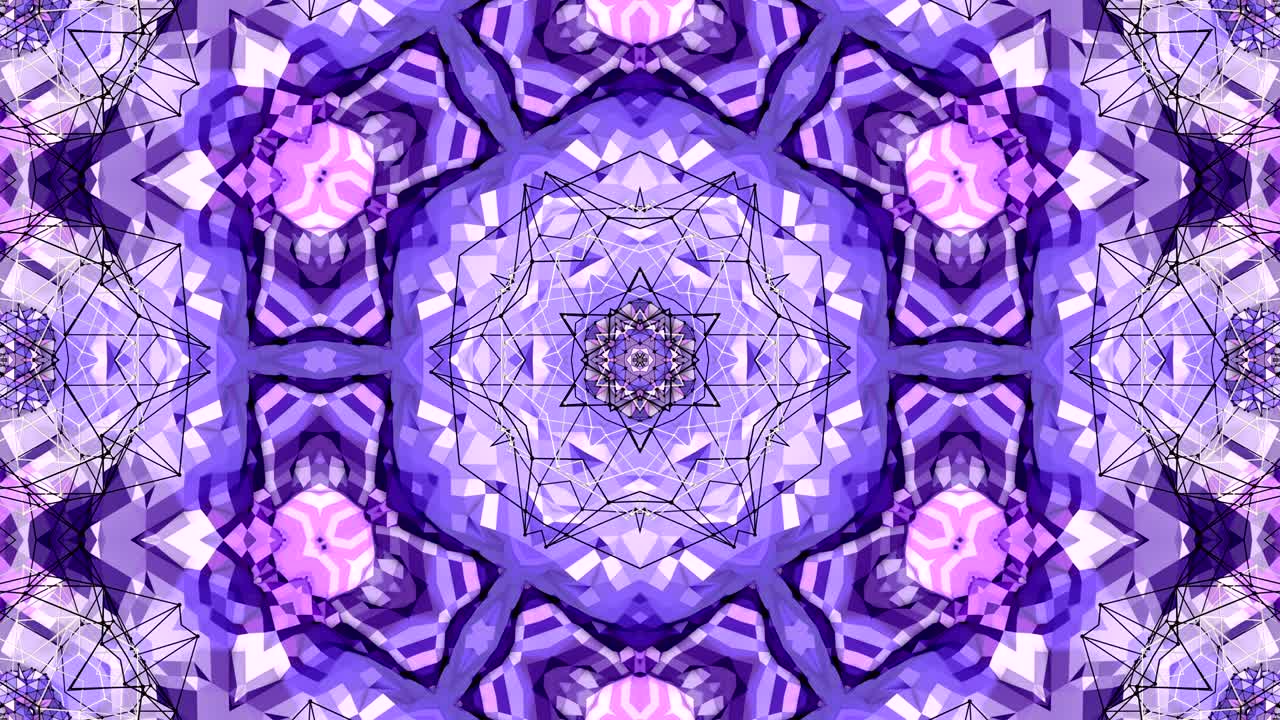 fondo abstracto poli geométrico bajo como un efecto de vidriera o caleidoscopio en movimiento en 4k. animación 3d de bucle, imágenes sin costuras en el popular estilo poli bajo. color violeta v25