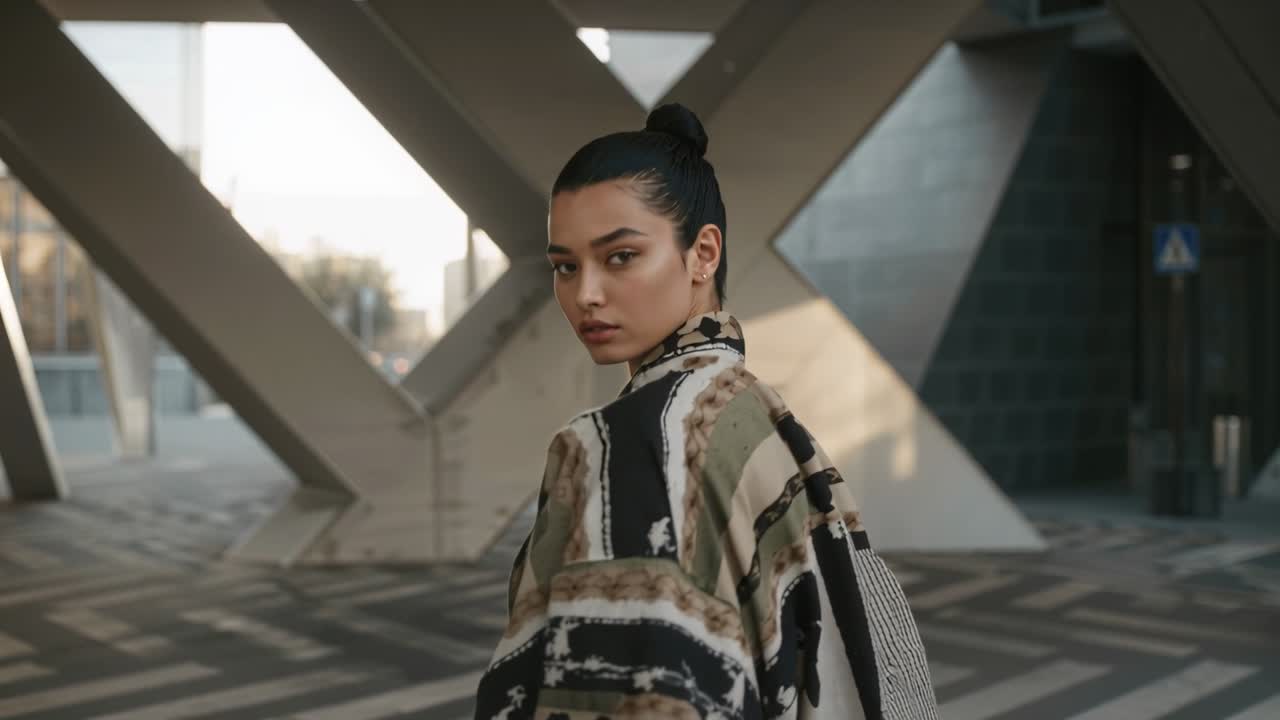 Walking woman making eye contact, turning through urban plaza with X supports, showcasing knit coat