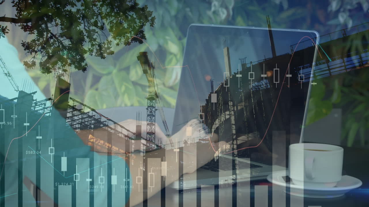 animación del procesamiento de datos financieros sobre una persona que utiliza una computadora portátil