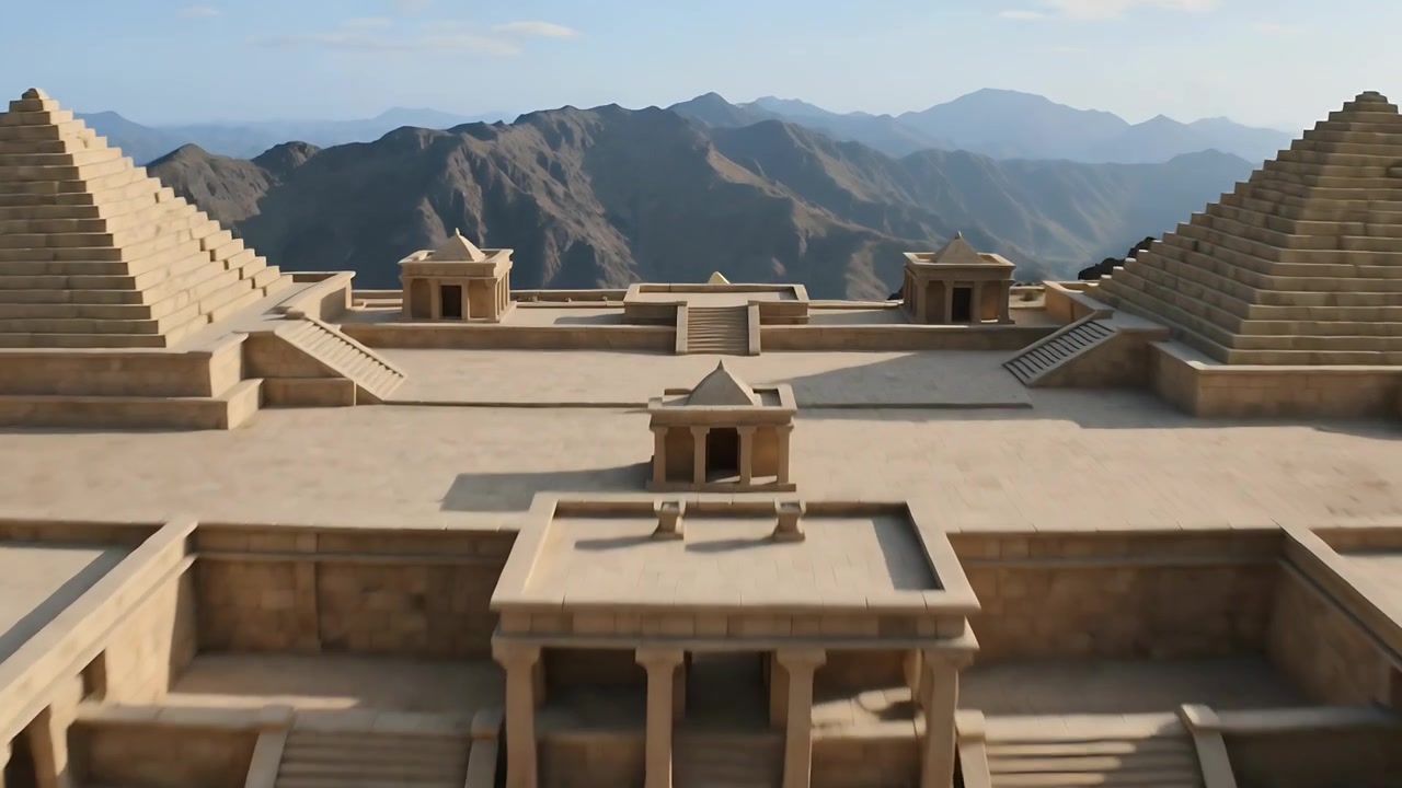 Telecamera che avanza rivelando un complesso di templi su un altopiano arido, allineando la piramide centrale con il varco nella cresta.