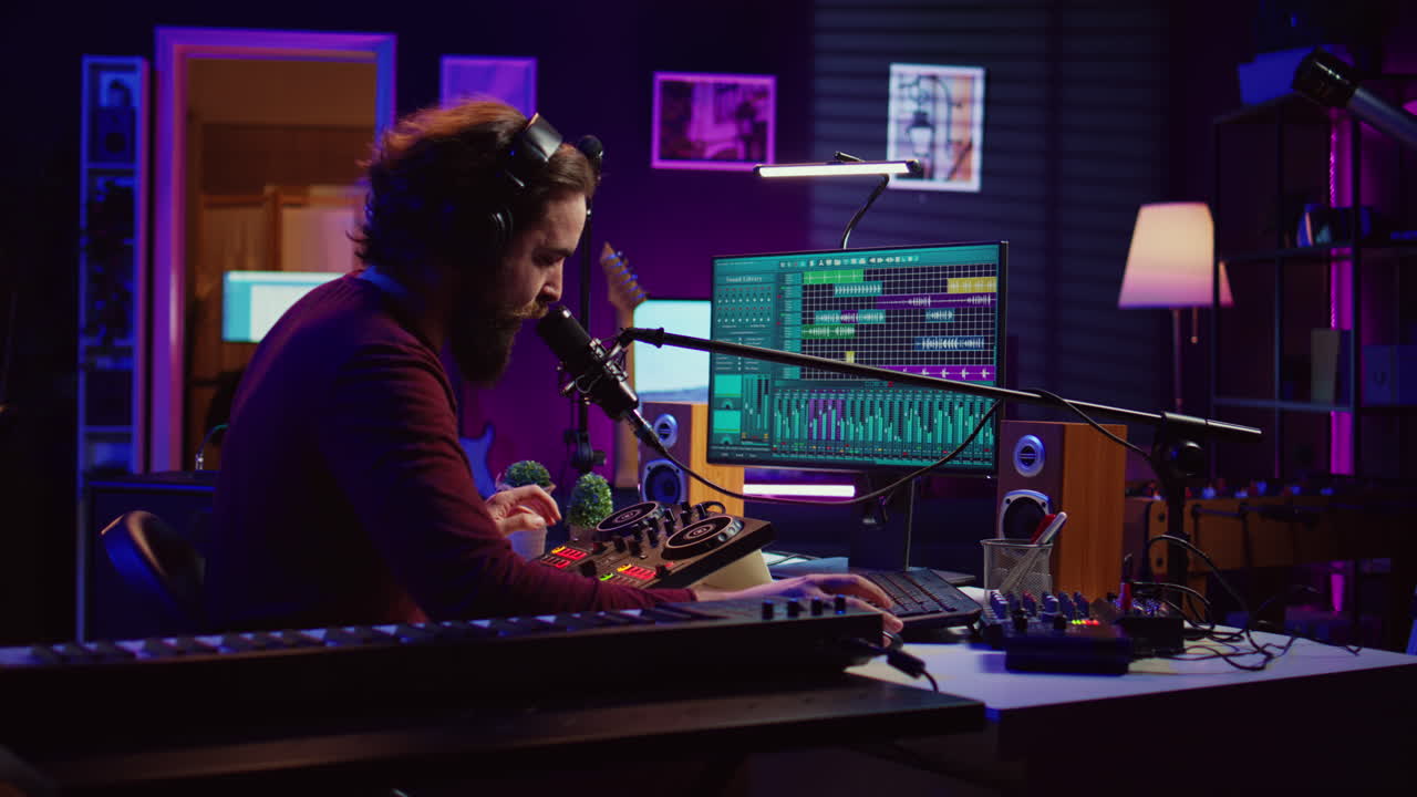 productor de música grabando instrumento de piano y voces para editar una nueva canción