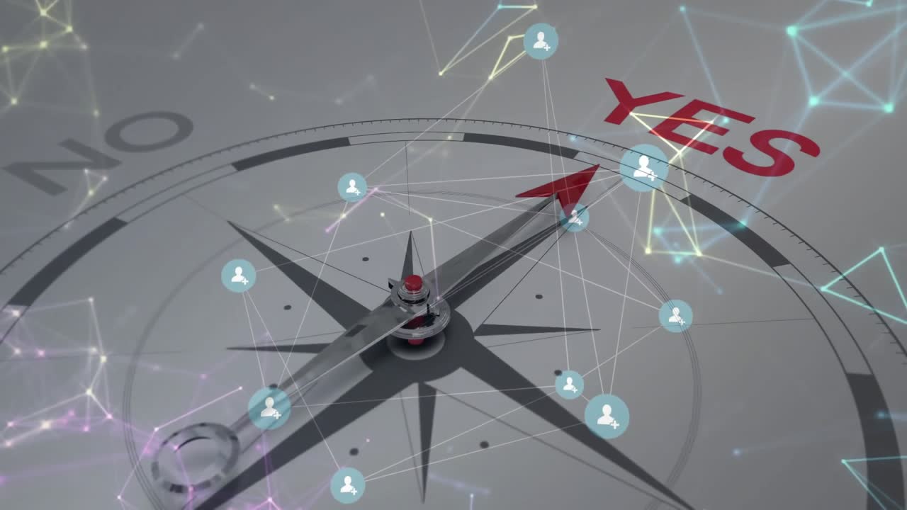 Animation starting compass then initiating pointer rotating icons hovering and pulsing toward YES