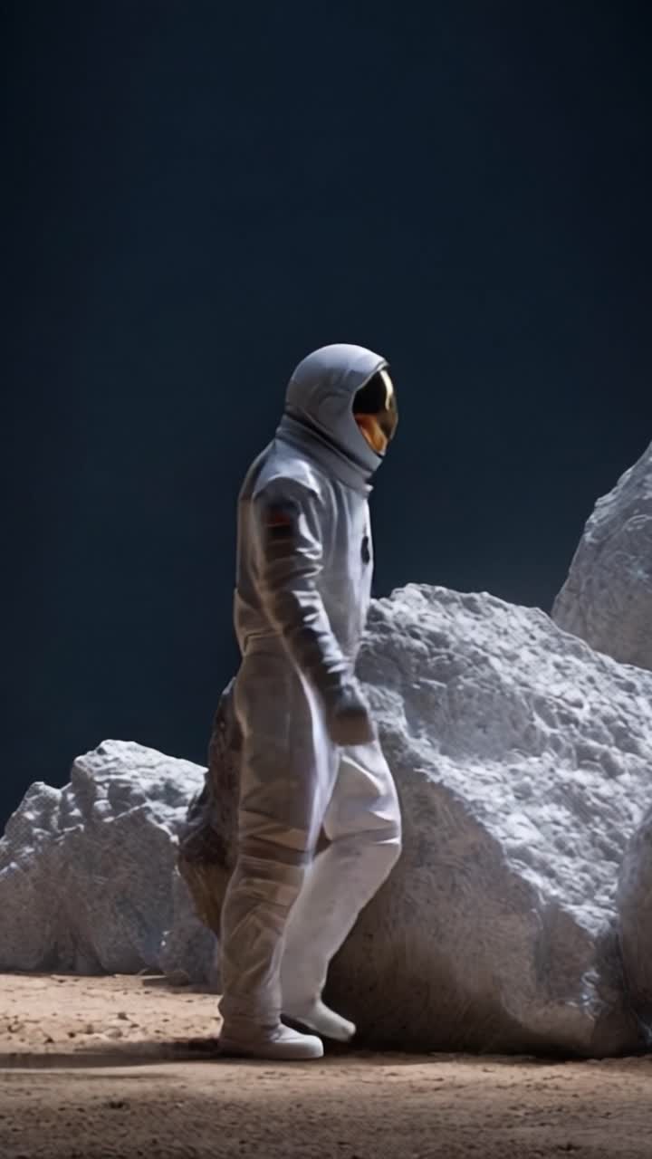 An astronaut explores a distant lunar surface, surveying large rocks in a cosmic landscape filled with mystery, looking towards the infinite possibilities of space