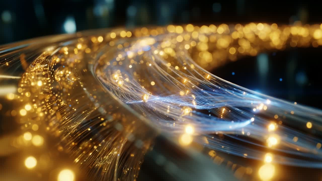 A Mesmerizing Display of Golden Light Trails: Dynamic Flow of Illuminated Particles and Shimmering Effects Captivating the Viewer with Ethereal Beauty and Enigmatic Patterns in Motion