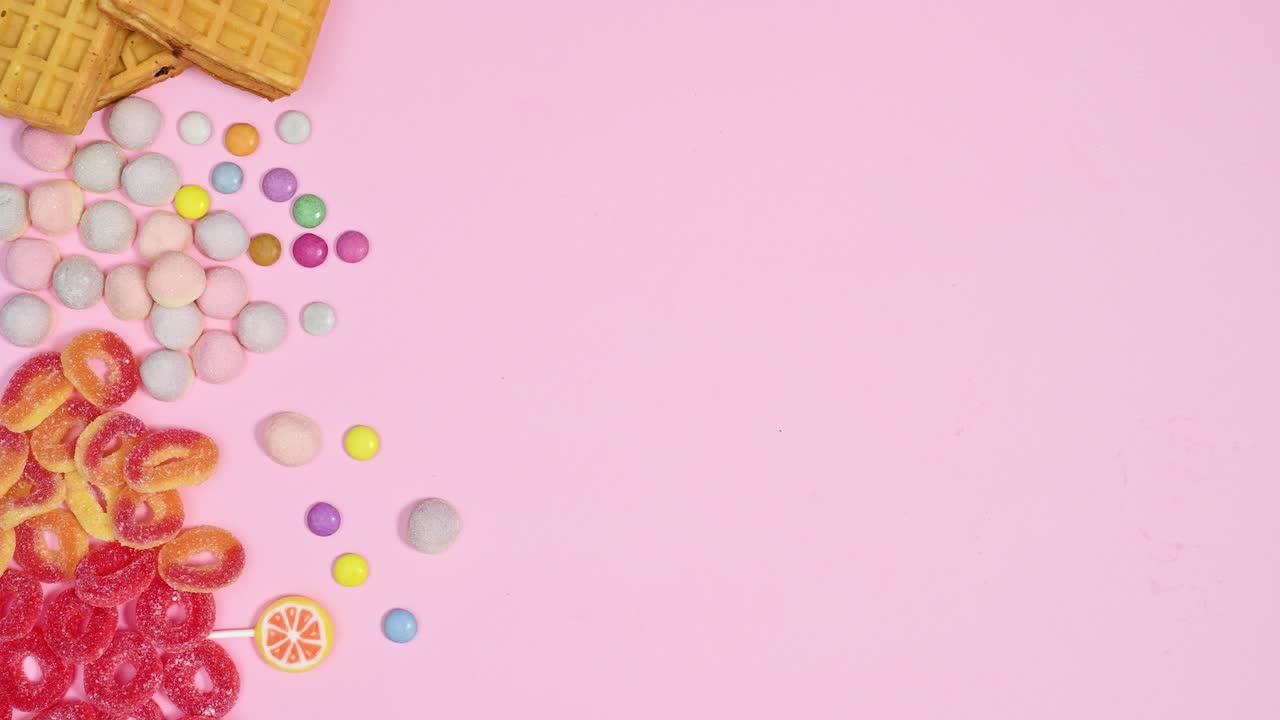 caramelos, piruletas, chocolates y waffles ordenados en el lado izquierdo del fondo rosa pastel. animación en stop motion plana