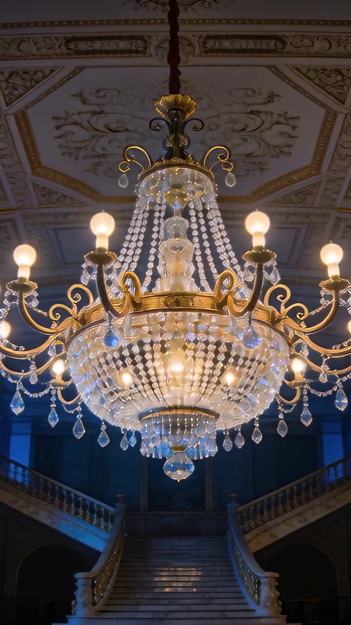Video verticale: Telecamera in movimento che zooma su un lampadario di cristallo in un grande atrio, rivelando dettagli ornamentali.