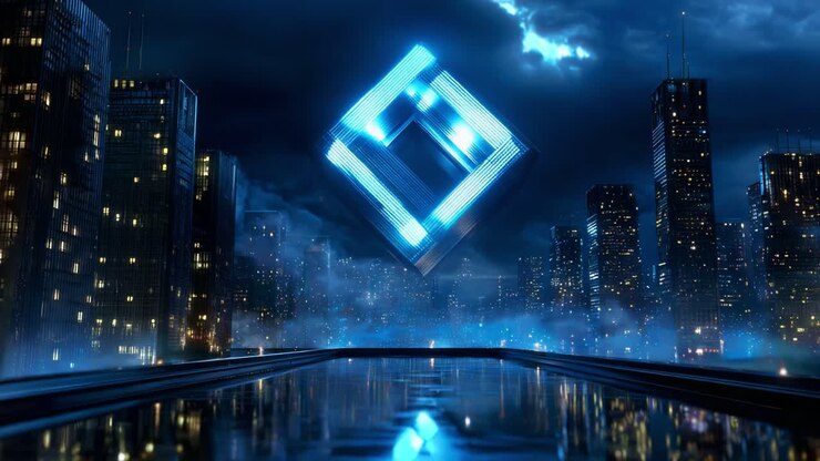 A visually captivating scene showcasing a futuristic city skyline under a night sky, featuring a dynamically hovering cube with glowing blue accents, creating a sense of wonder and mystery in its urban environment