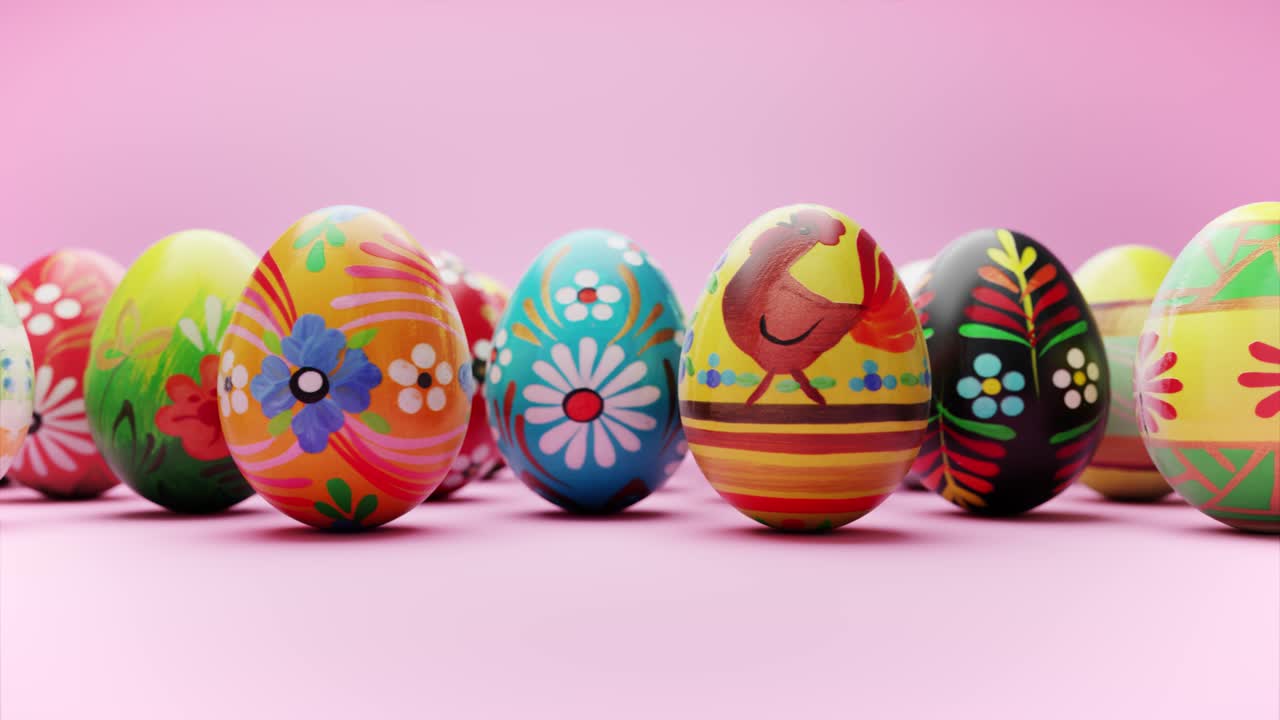 Colorful Hand-Painted Easter Eggs on Pink Background