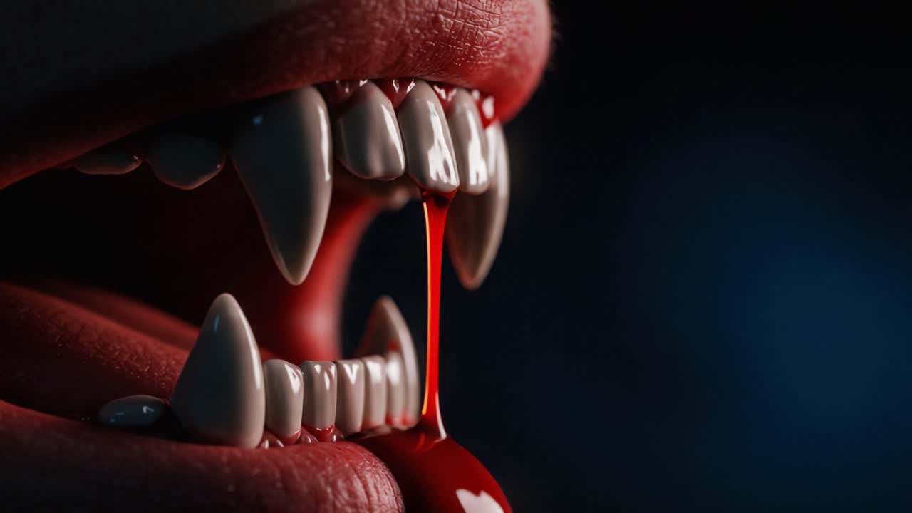 An Eerie Close-Up of Menacing Fangs Dripping Blood in the Dark: A Sinister Display of Vampire-like Imagery that Captivates and Chills the Viewer