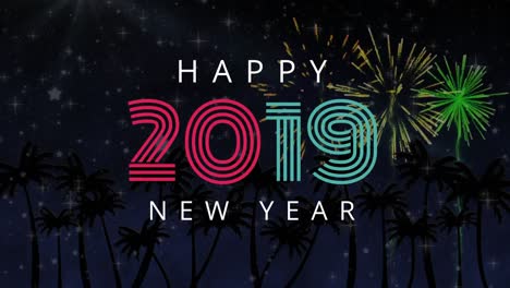 palm trees and fireworks against 2019 new year sign 4k