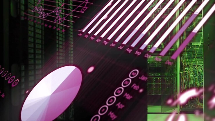 On play, magenta charts sliding over datacenter rotating, exposing cabling for monitoring