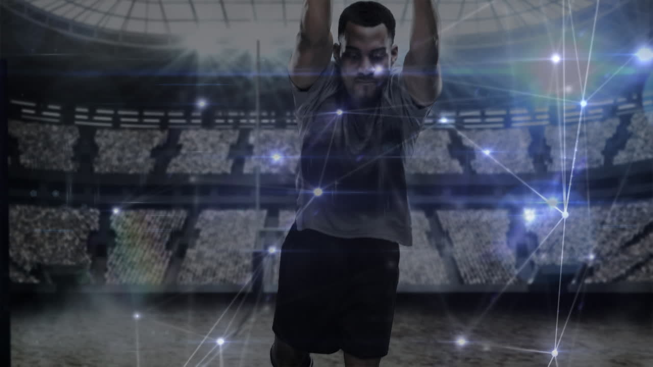 animación de la red de conexiones sobre el jugador de rugby afroamericano en el estadio