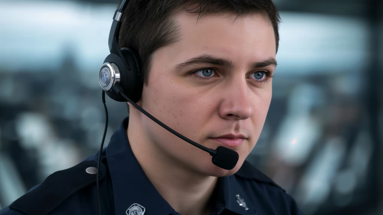 Listening uniform operator handling comms in ops room, wearing headset insignia, blurred monitors